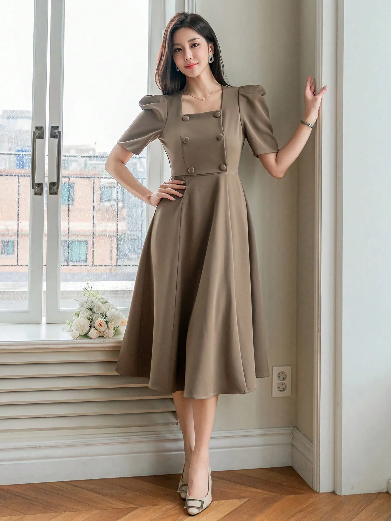 CM-DS428801 Women Elegant Seoul Style Solid Color Puff Sleeve Square Neck Dress - Khaki