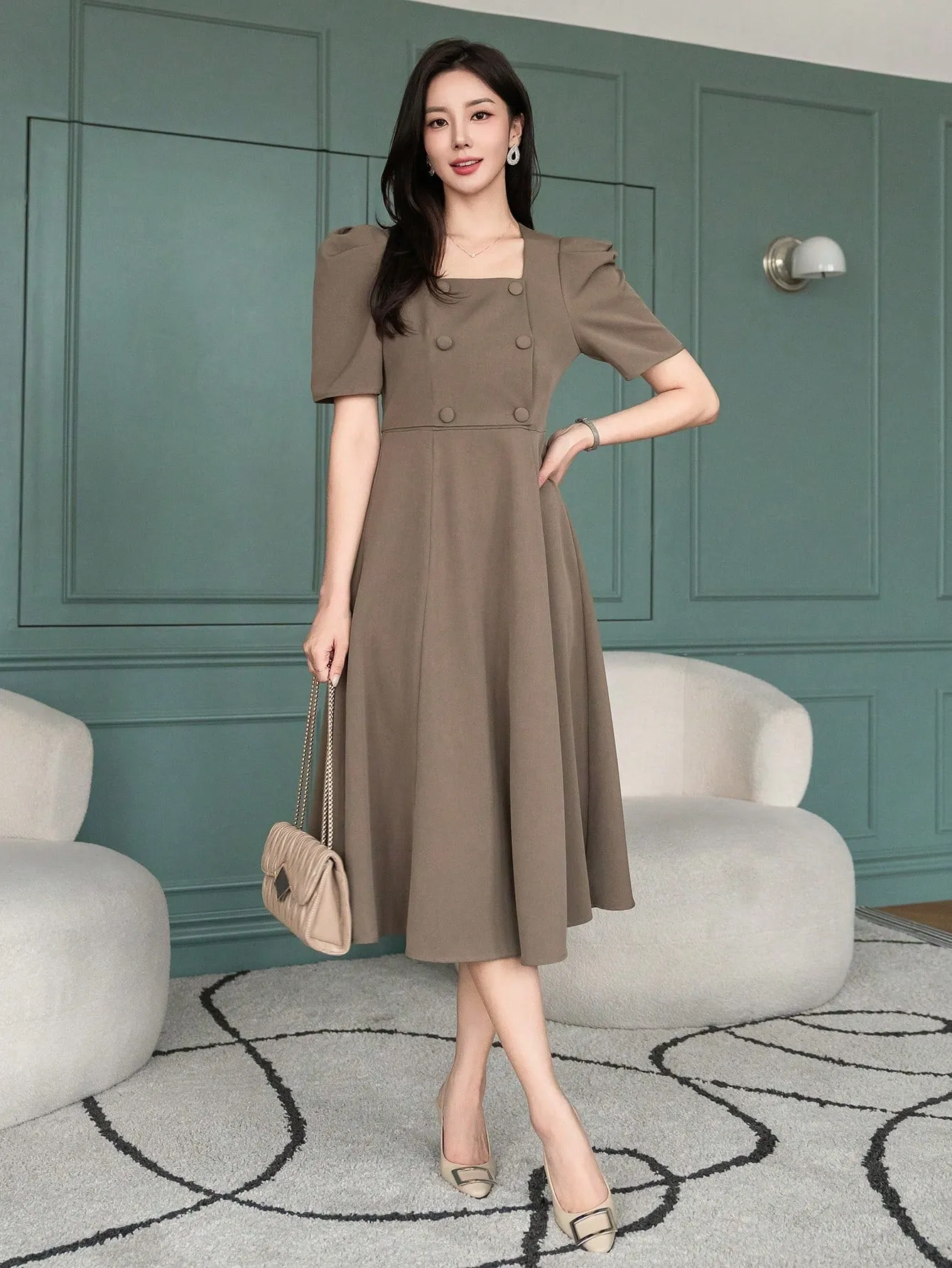 CM-DS428801 Women Elegant Seoul Style Solid Color Puff Sleeve Square Neck Dress - Khaki