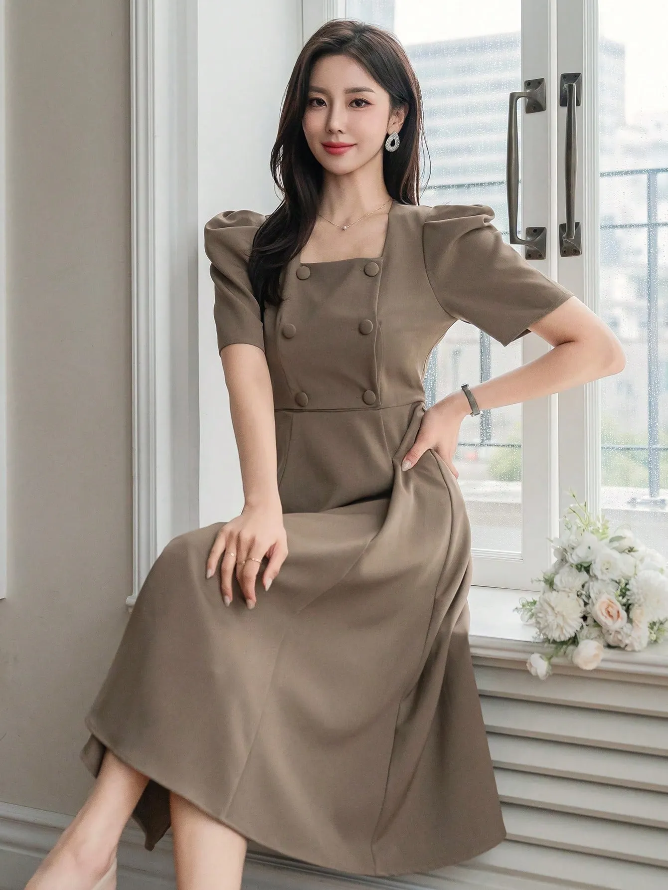 CM-DS428801 Women Elegant Seoul Style Solid Color Puff Sleeve Square Neck Dress - Khaki