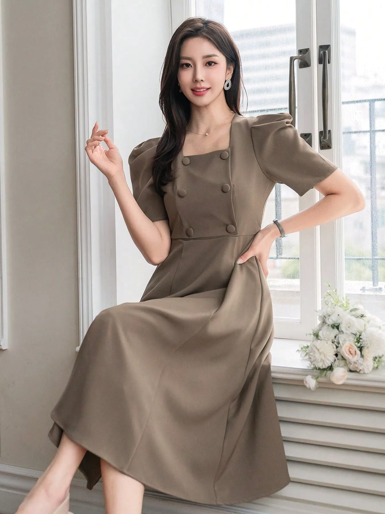 CM-DS428801 Women Elegant Seoul Style Solid Color Puff Sleeve Square Neck Dress - Khaki
