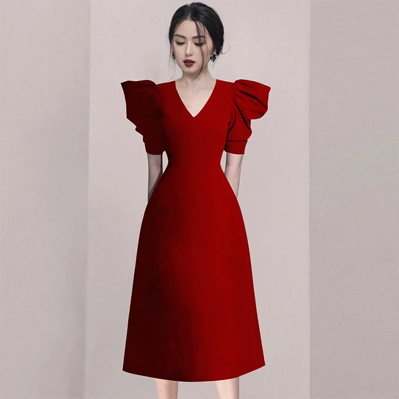 CM-DY011089 Women Elegant European Style V-Neck Short Sleeve Pinched Waist Dress (Available in 2 colors)