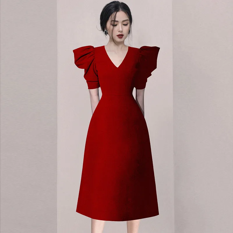 CM-DY011089 Women Elegant European Style V-Neck Short Sleeve Pinched Waist Dress (Available in 2 colors)