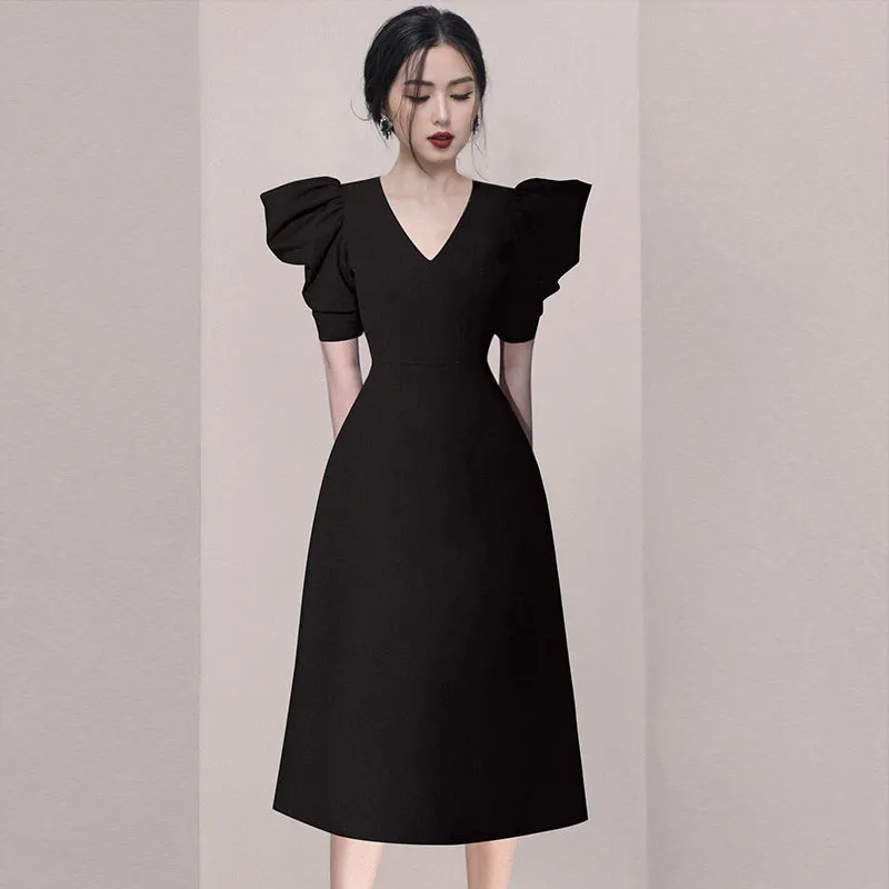 CM-DY011089 Women Elegant European Style V-Neck Short Sleeve Pinched Waist Dress (Available in 2 colors)