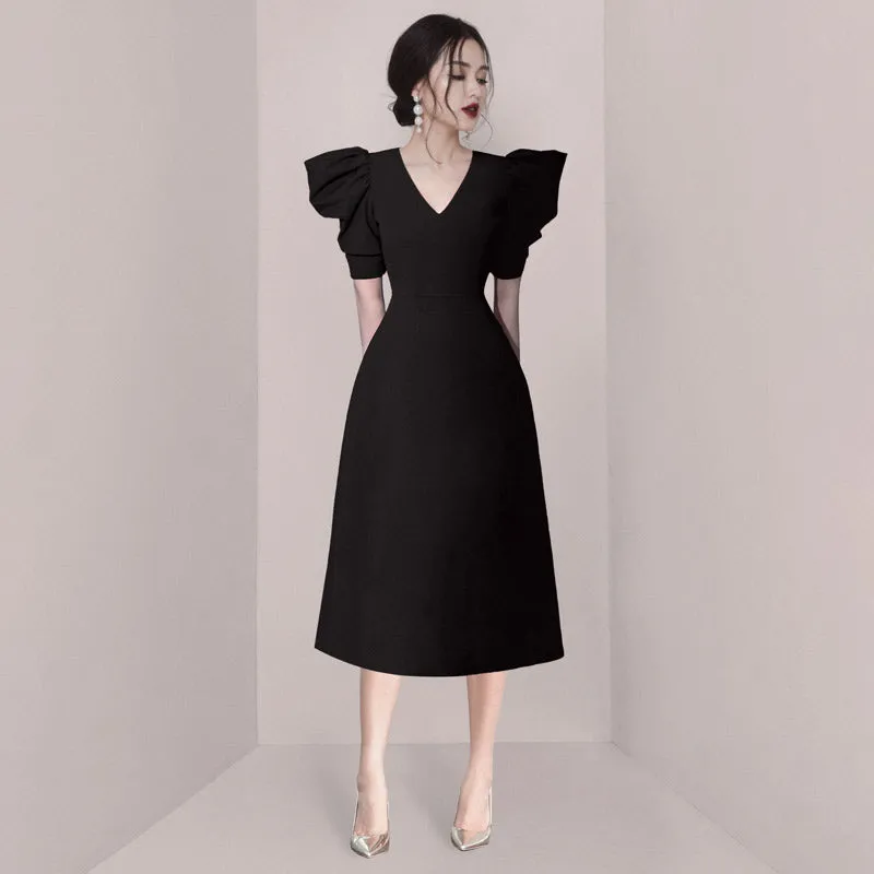 CM-DY011089 Women Elegant European Style V-Neck Short Sleeve Pinched Waist Dress (Available in 2 colors)