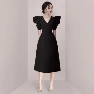 CM-DY011089 Women Elegant European Style V-Neck Short Sleeve Pinched Waist Dress (Available in 2 colors)