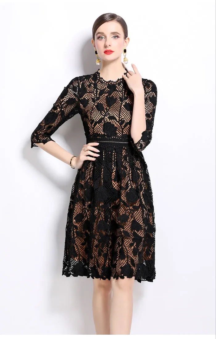 CM-DY022940 Women Elegant European Style Stand Collar Long Sleeve Hollow Lace Slim Dress