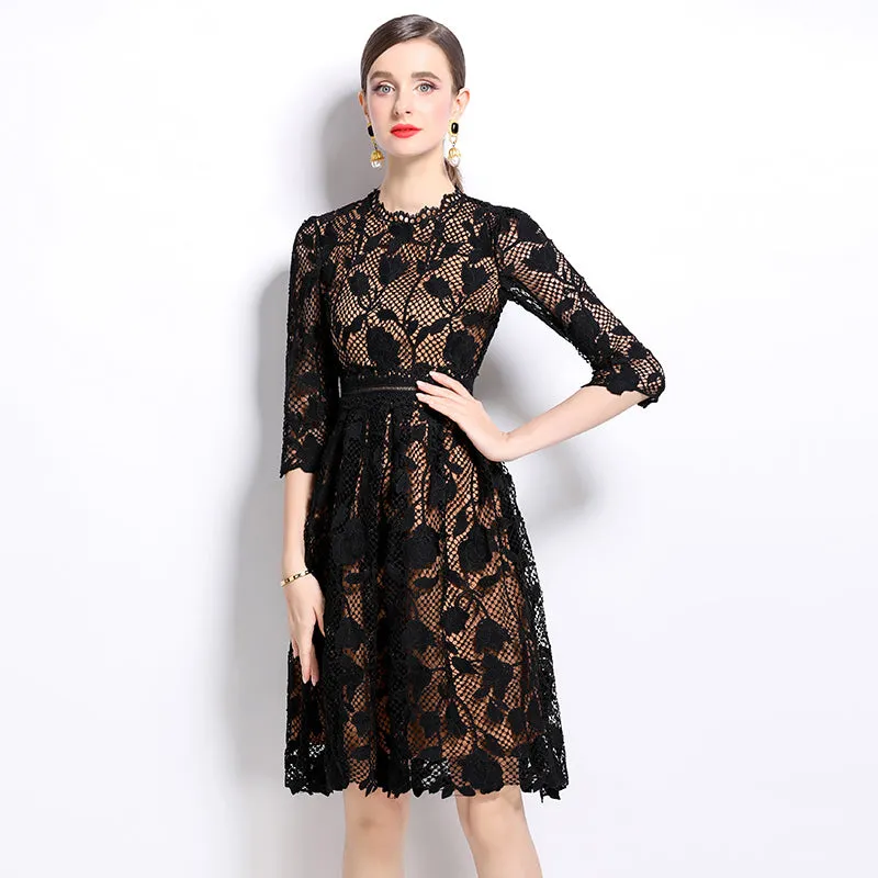 CM-DY022940 Women Elegant European Style Stand Collar Long Sleeve Hollow Lace Slim Dress