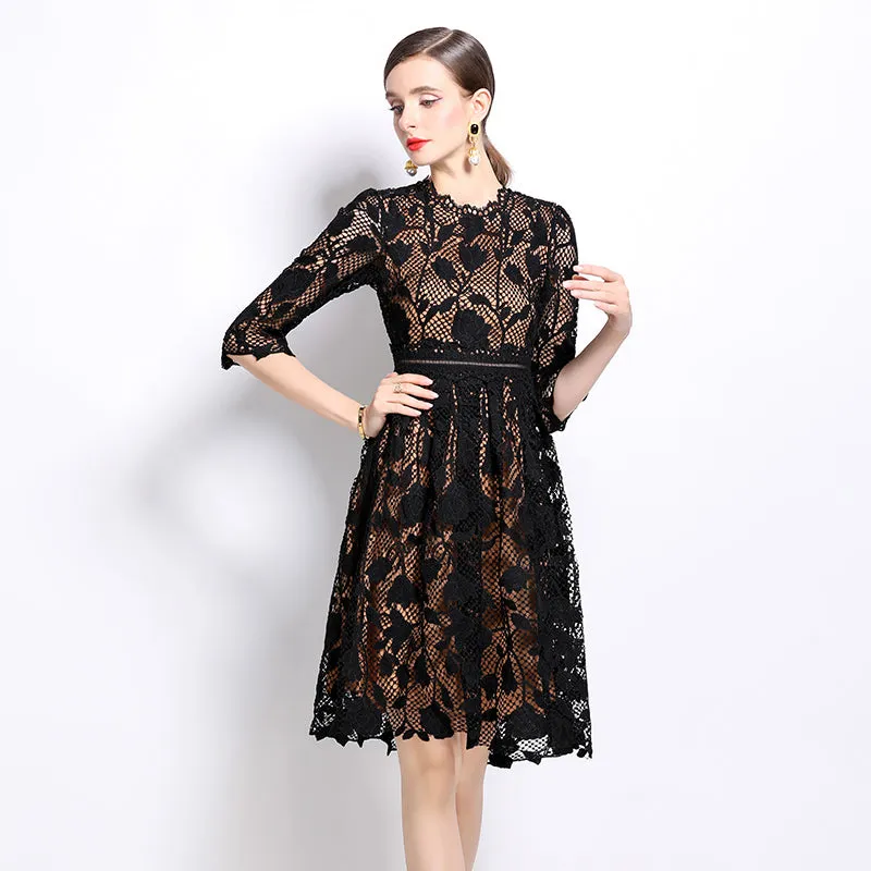 CM-DY022940 Women Elegant European Style Stand Collar Long Sleeve Hollow Lace Slim Dress