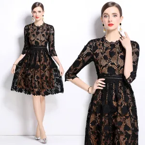 CM-DY022940 Women Elegant European Style Stand Collar Long Sleeve Hollow Lace Slim Dress
