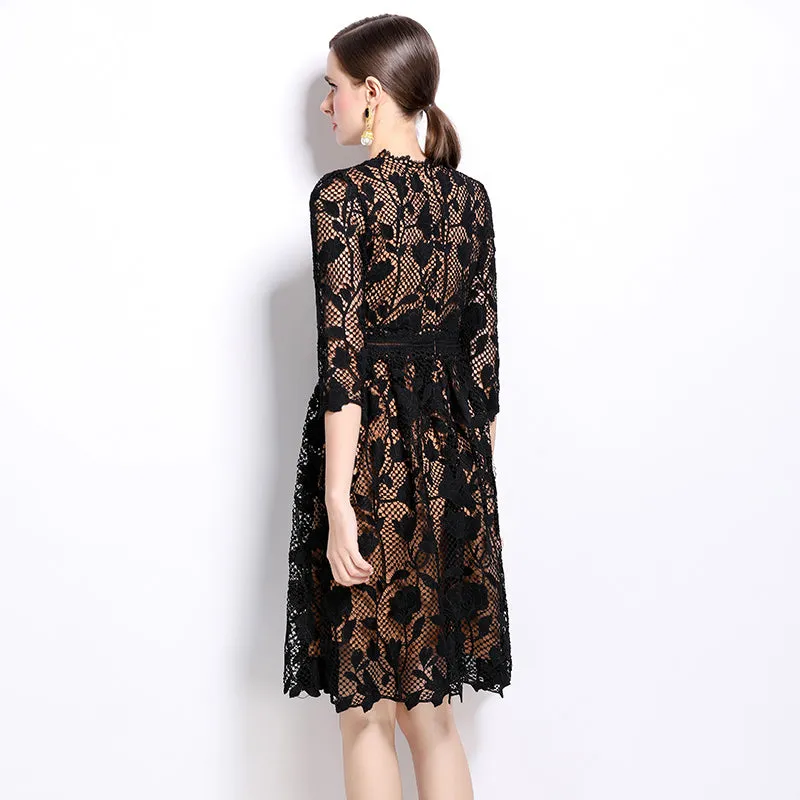 CM-DY022940 Women Elegant European Style Stand Collar Long Sleeve Hollow Lace Slim Dress