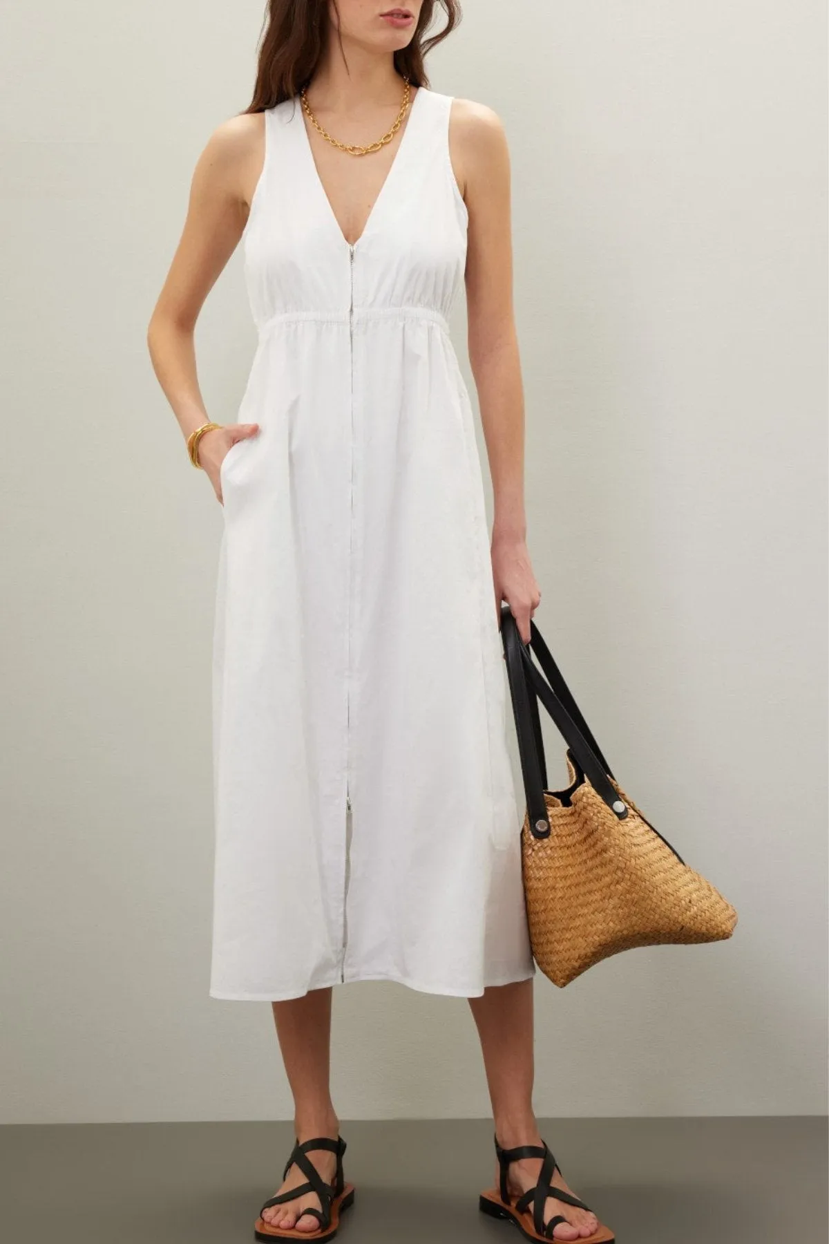COLLINS 2-way Zip V-neck Midi Dress (White)