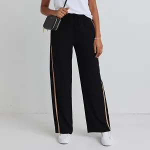 Confident Stripe Leg Crepe Wide Pants - Black