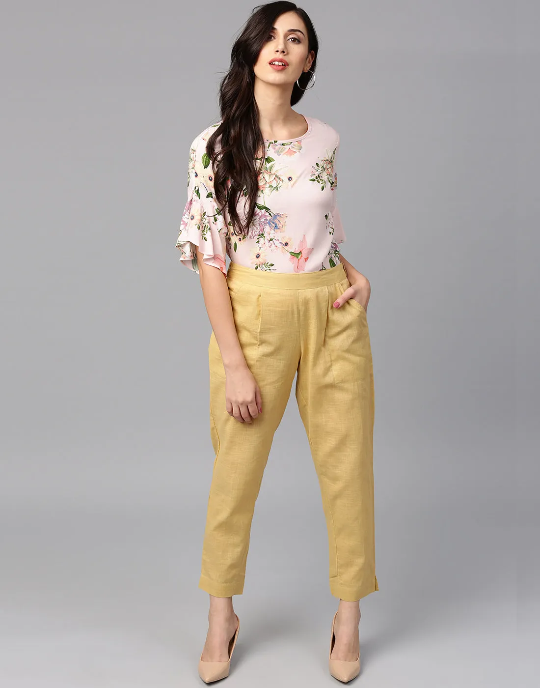 Cream Solid Cotton Slub Straight Pants