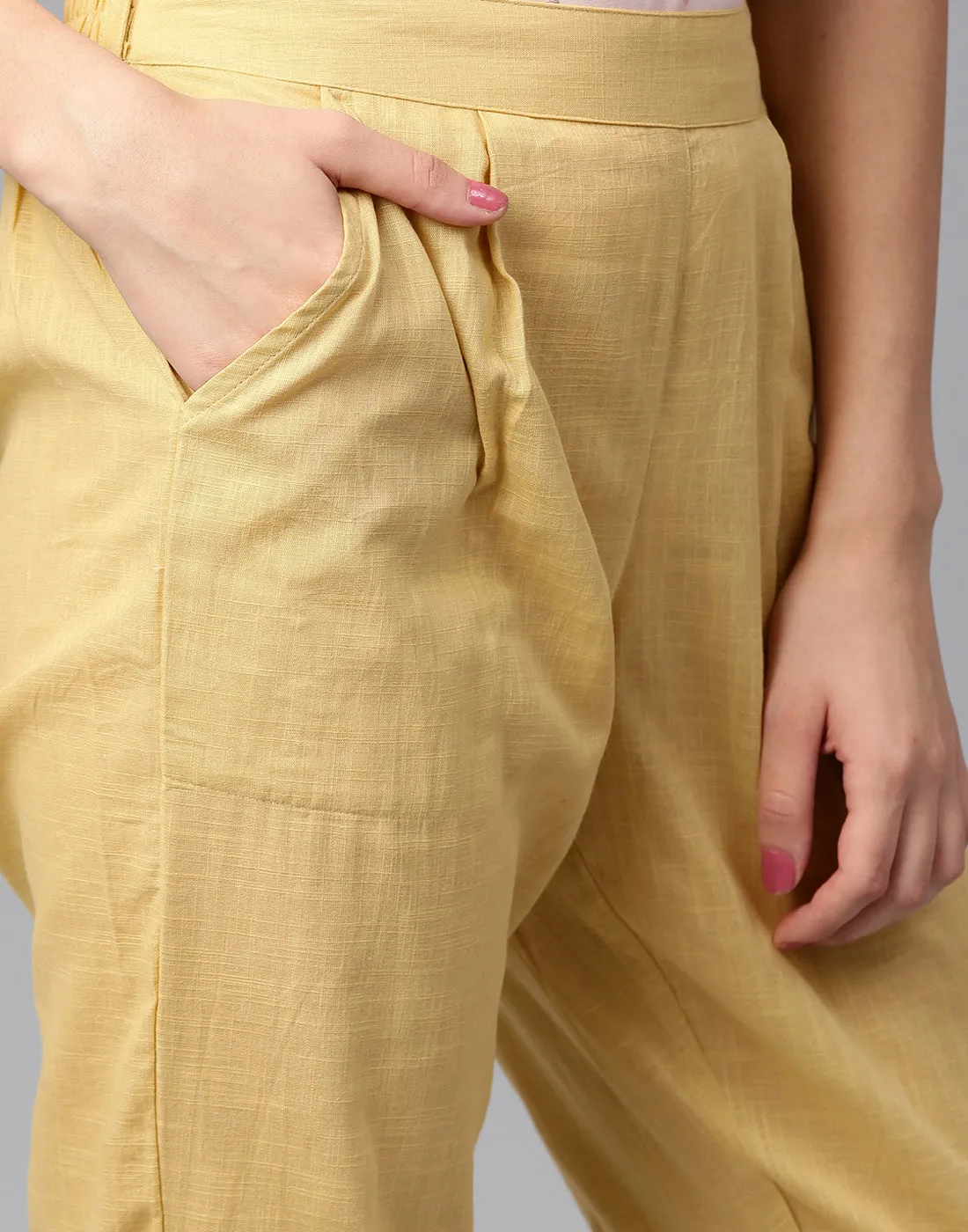 Cream Solid Cotton Slub Straight Pants