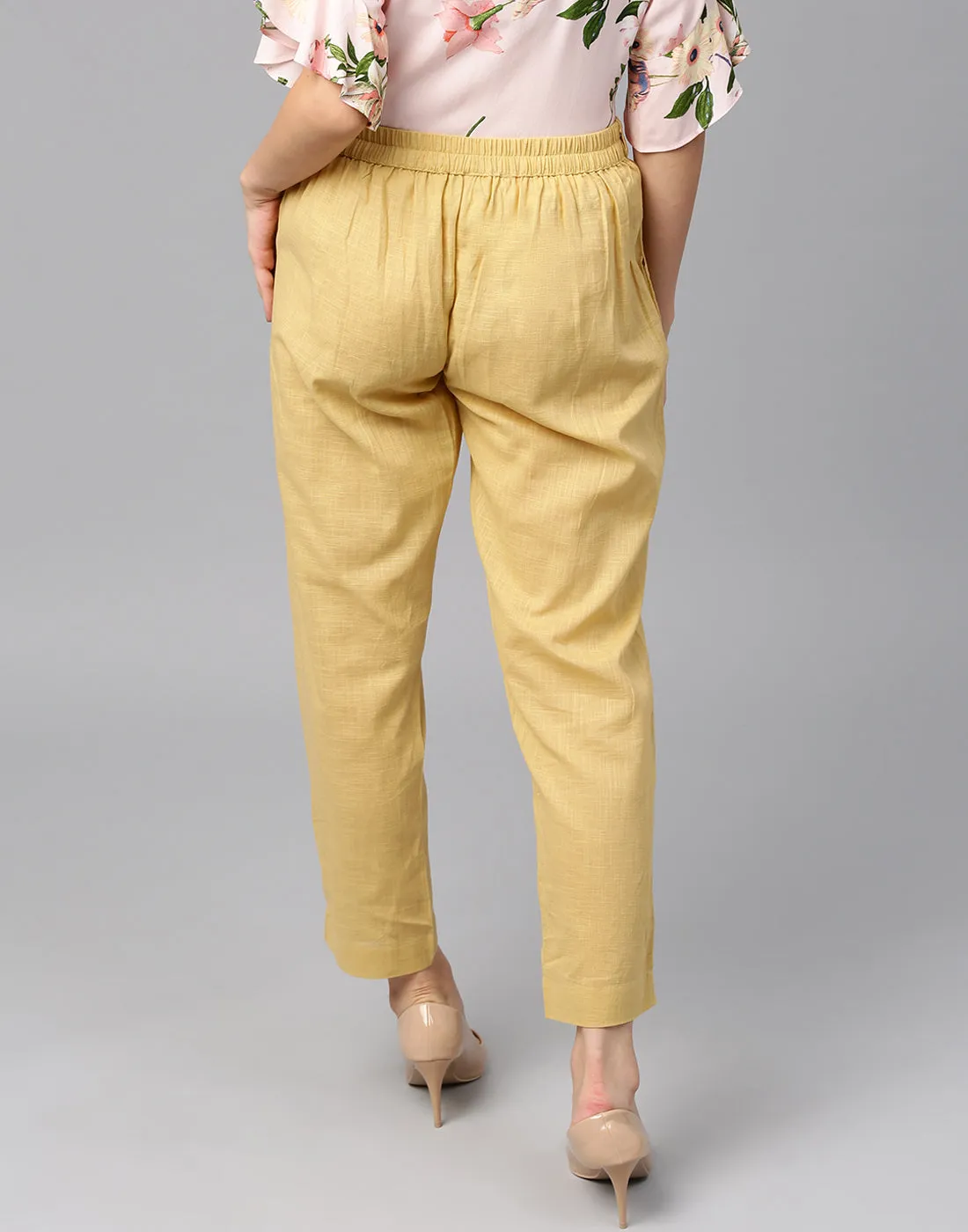 Cream Solid Cotton Slub Straight Pants