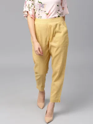 Cream Solid Cotton Slub Straight Pants
