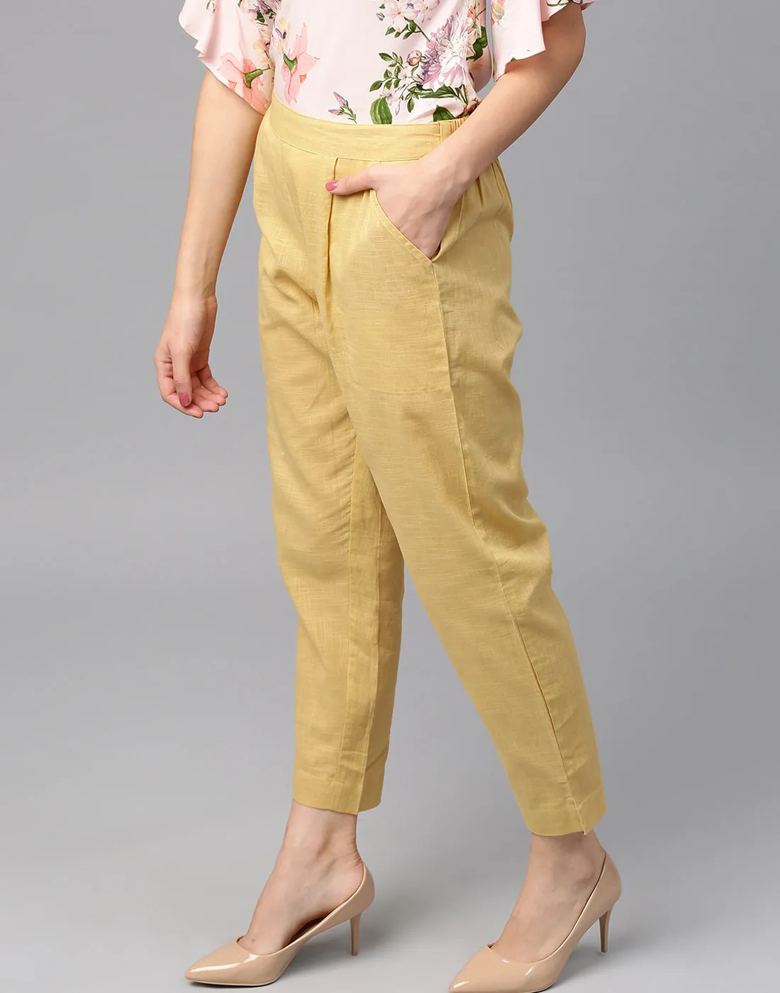Cream Solid Cotton Slub Straight Pants
