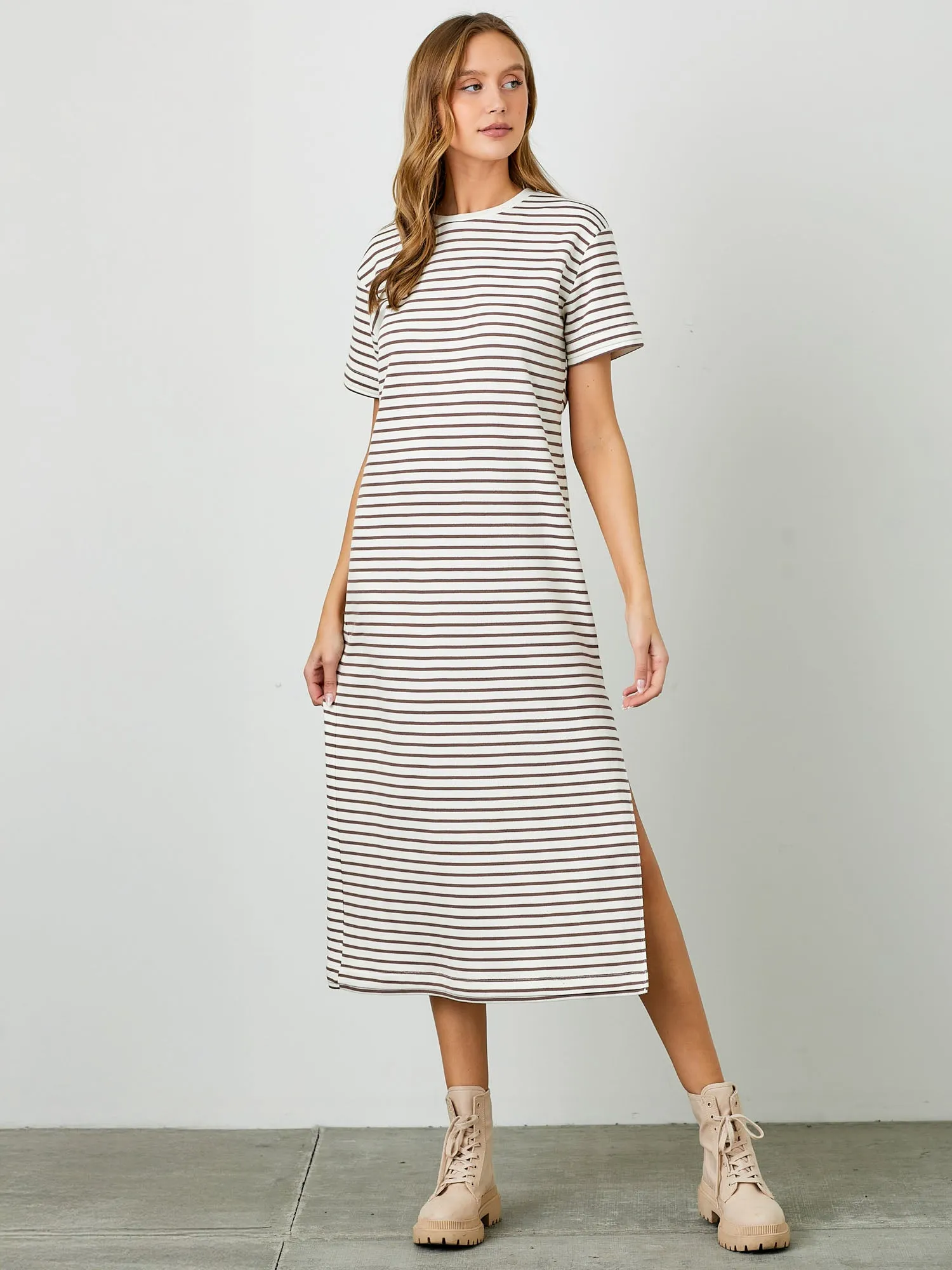 Crew Neck Striped T-Shirt Midi Dress