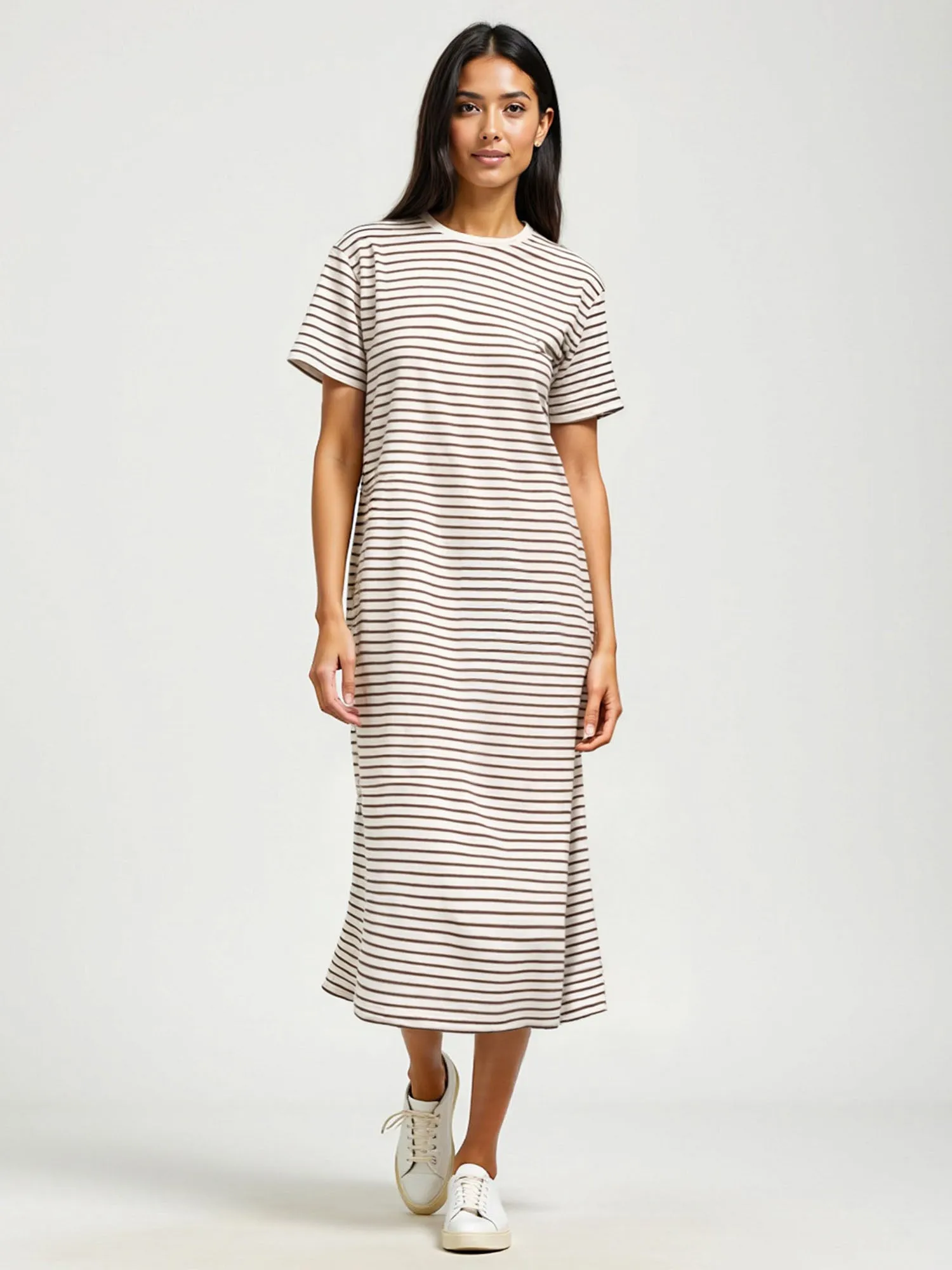 Crew Neck Striped T-Shirt Midi Dress