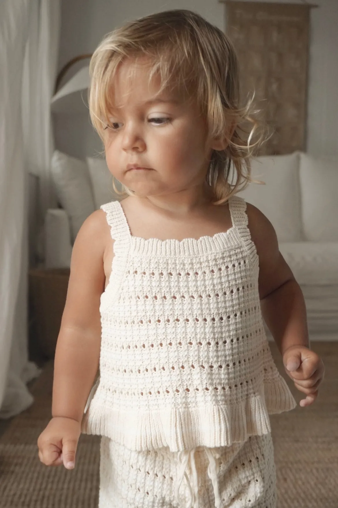 Crochet Tie Up Singlet Top | Buttermilk   Coconut Stripe