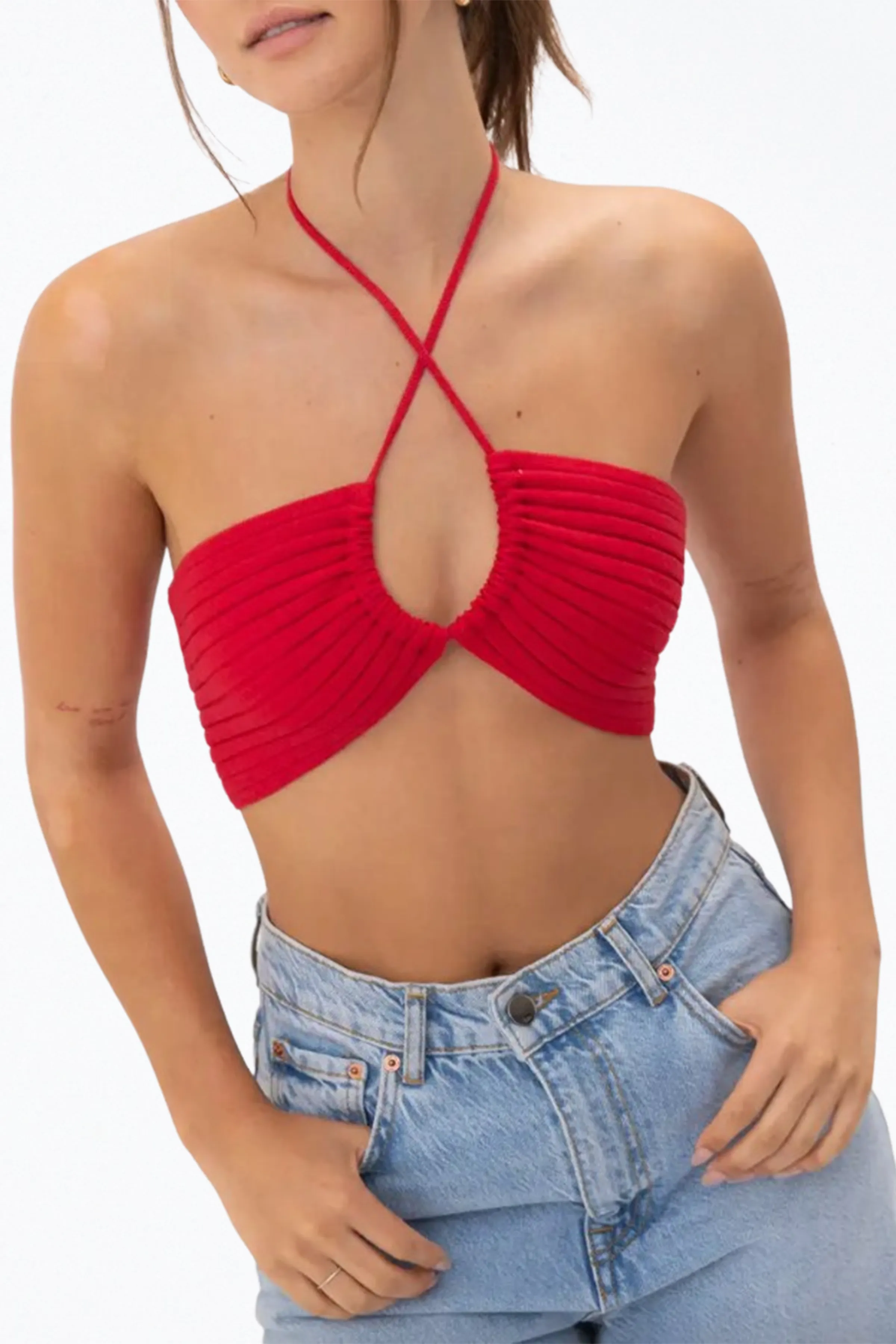 CROPPED RIBBED-KNIT BANDEAU HALTERNECK TOP