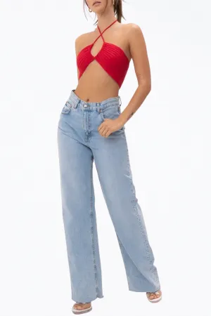 CROPPED RIBBED-KNIT BANDEAU HALTERNECK TOP