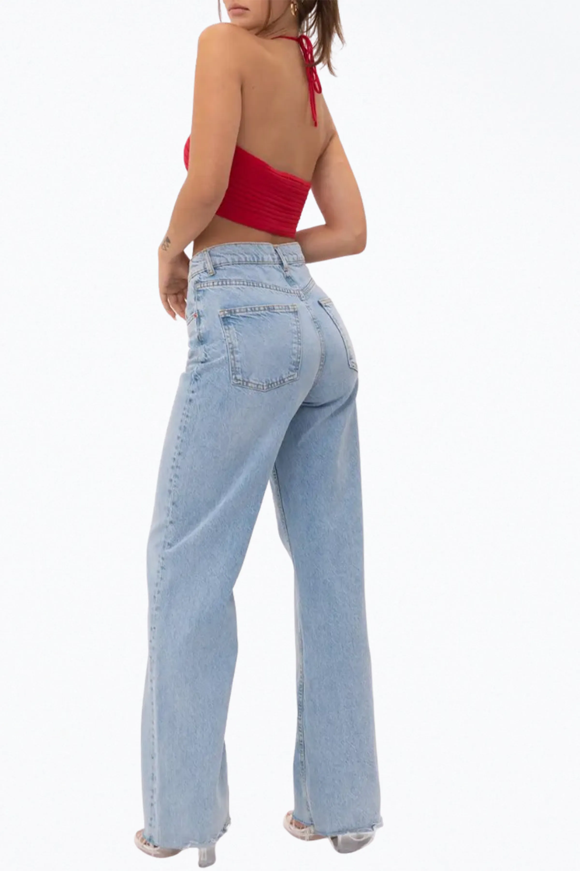CROPPED RIBBED-KNIT BANDEAU HALTERNECK TOP