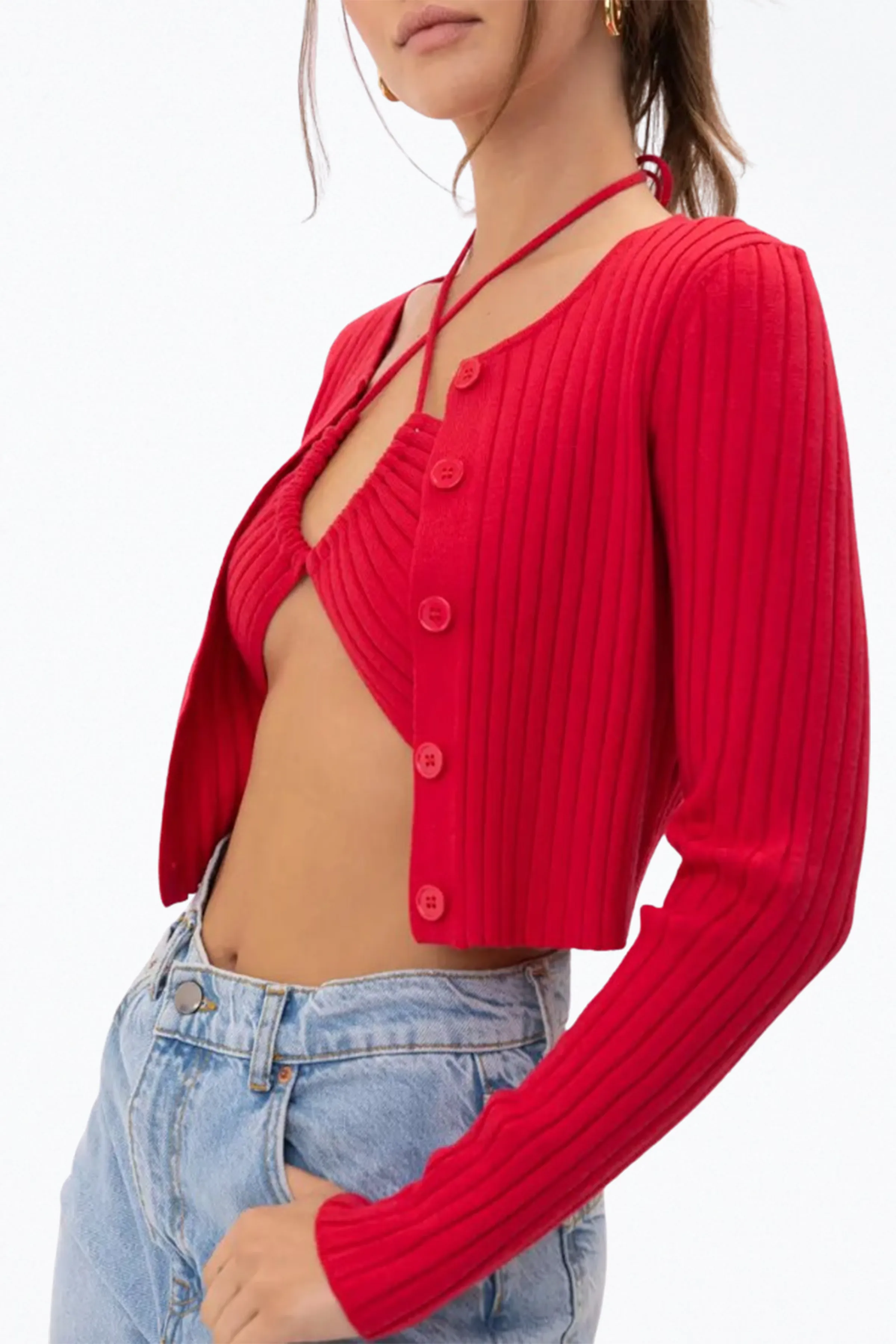 CROPPED RIBBED-KNIT BANDEAU HALTERNECK TOP