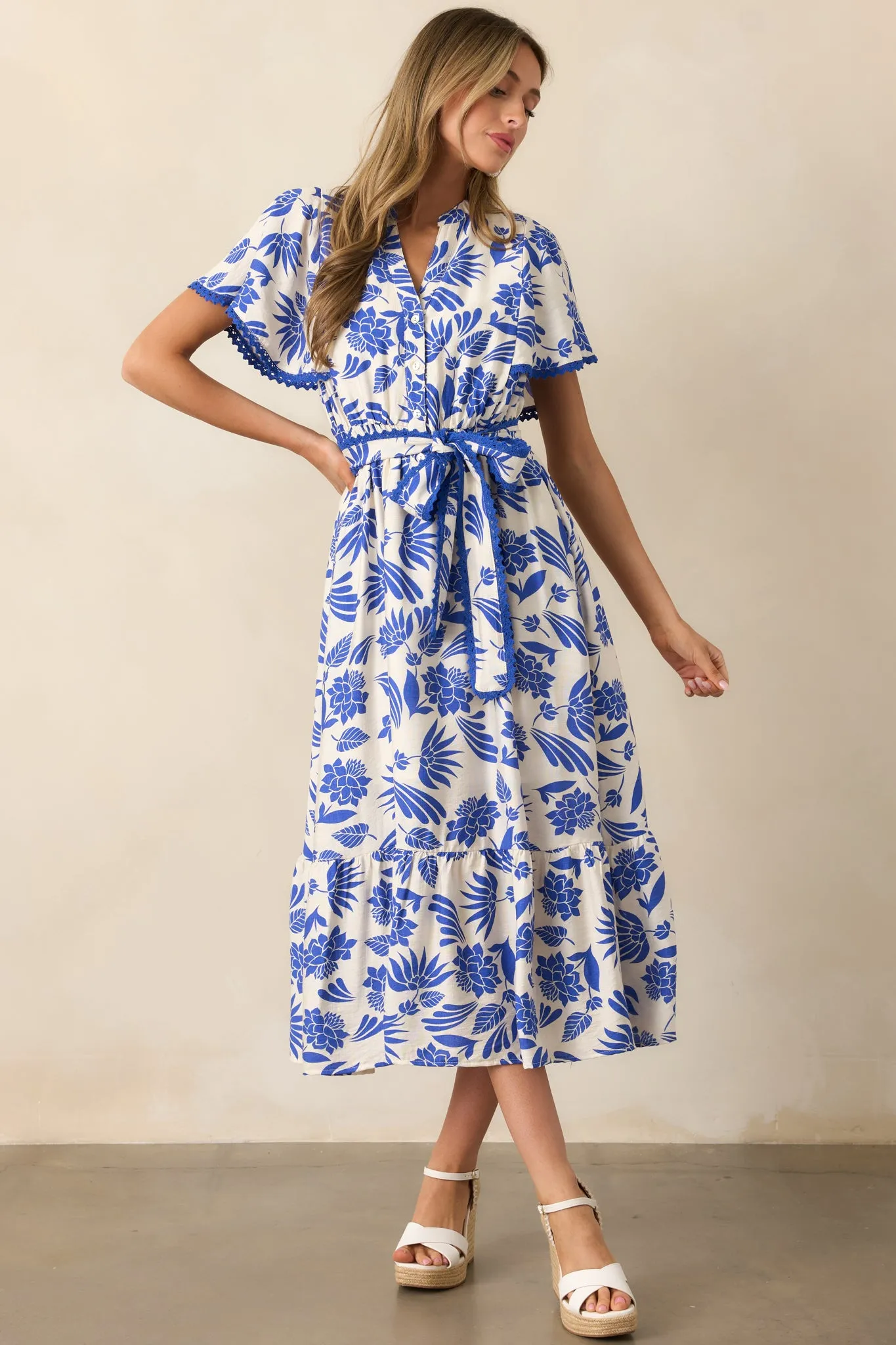 Cruising By Blue Floral Short Sleeve Midi Dress