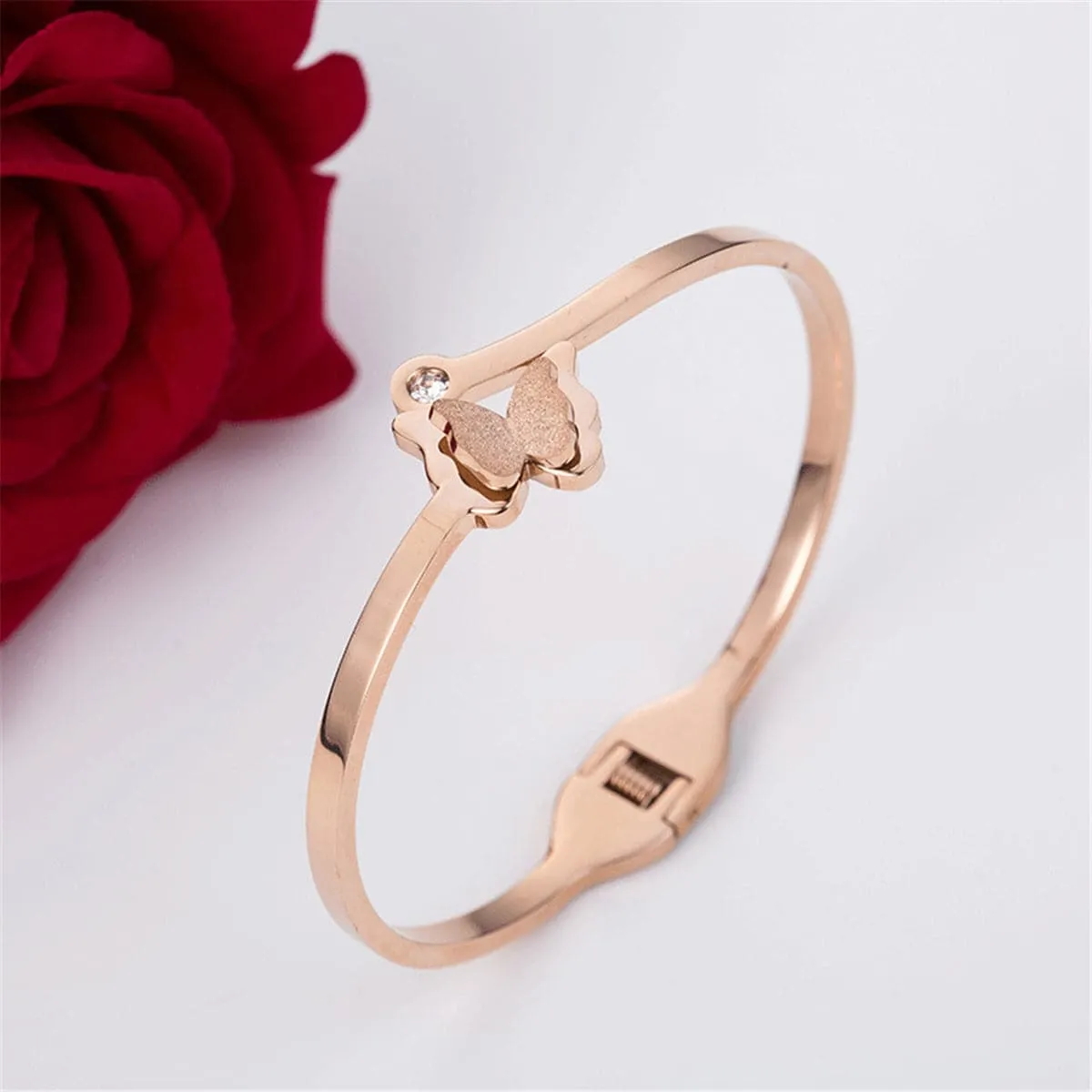 Cubic Zirconia & 18K Rose Gold-Plated Frosted Butterfly Bangle