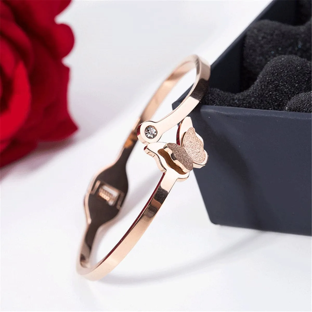 Cubic Zirconia & 18K Rose Gold-Plated Frosted Butterfly Bangle