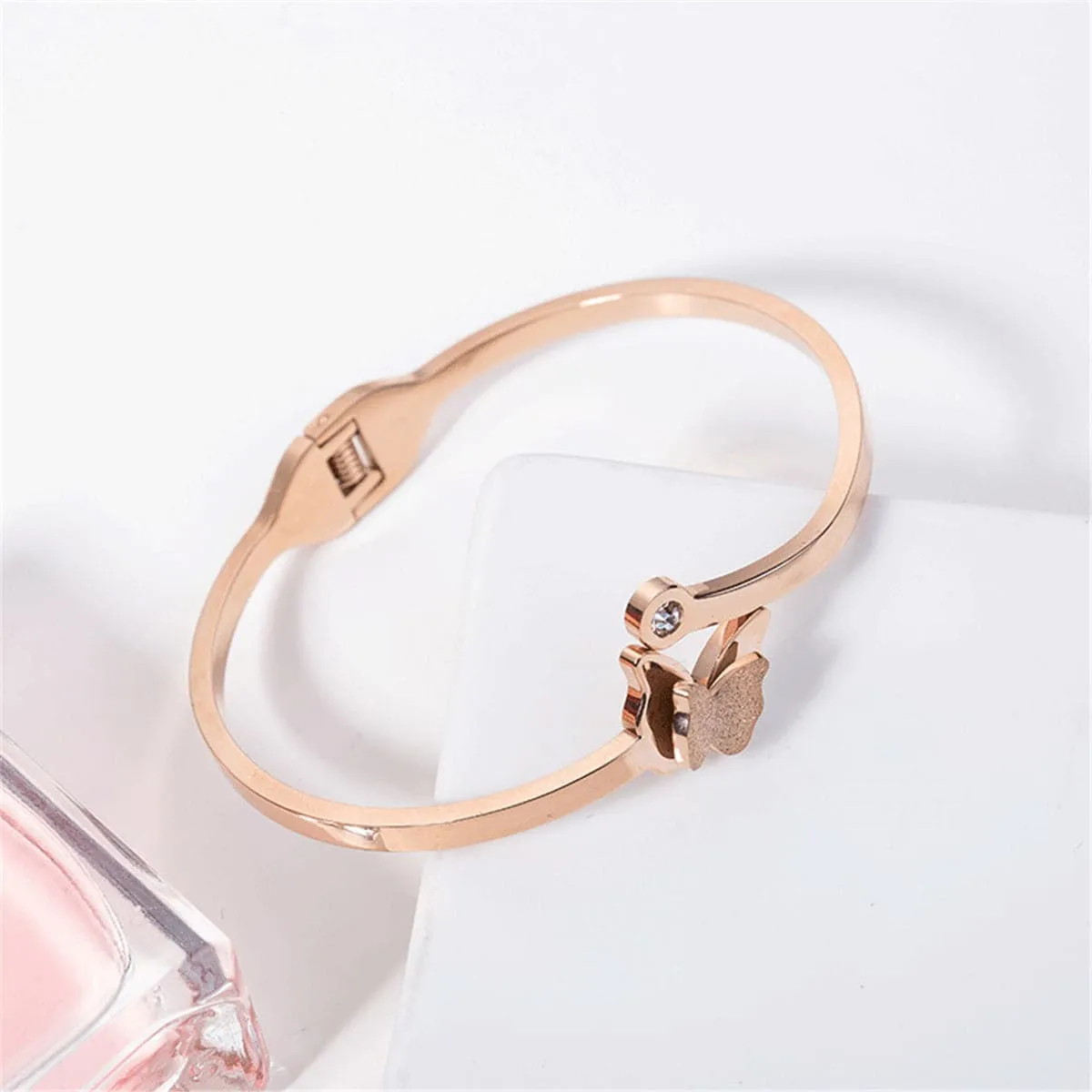 Cubic Zirconia & 18K Rose Gold-Plated Frosted Butterfly Bangle