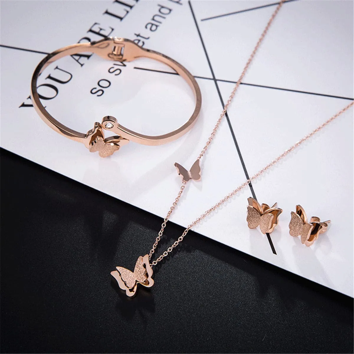 Cubic Zirconia & 18K Rose Gold-Plated Frosted Butterfly Bangle