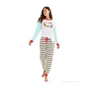 Cuddl Duds Womens Multi Striped Sweater Knit Mama Elf Pajamas 2 Pc Set Sz M New