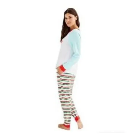 Cuddl Duds Womens Multi Striped Sweater Knit Mama Elf Pajamas 2 Pc Set Sz M New