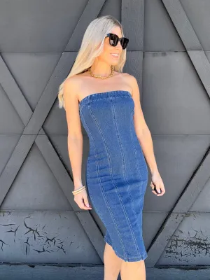 Daring Denim Strapless Dress In Dark