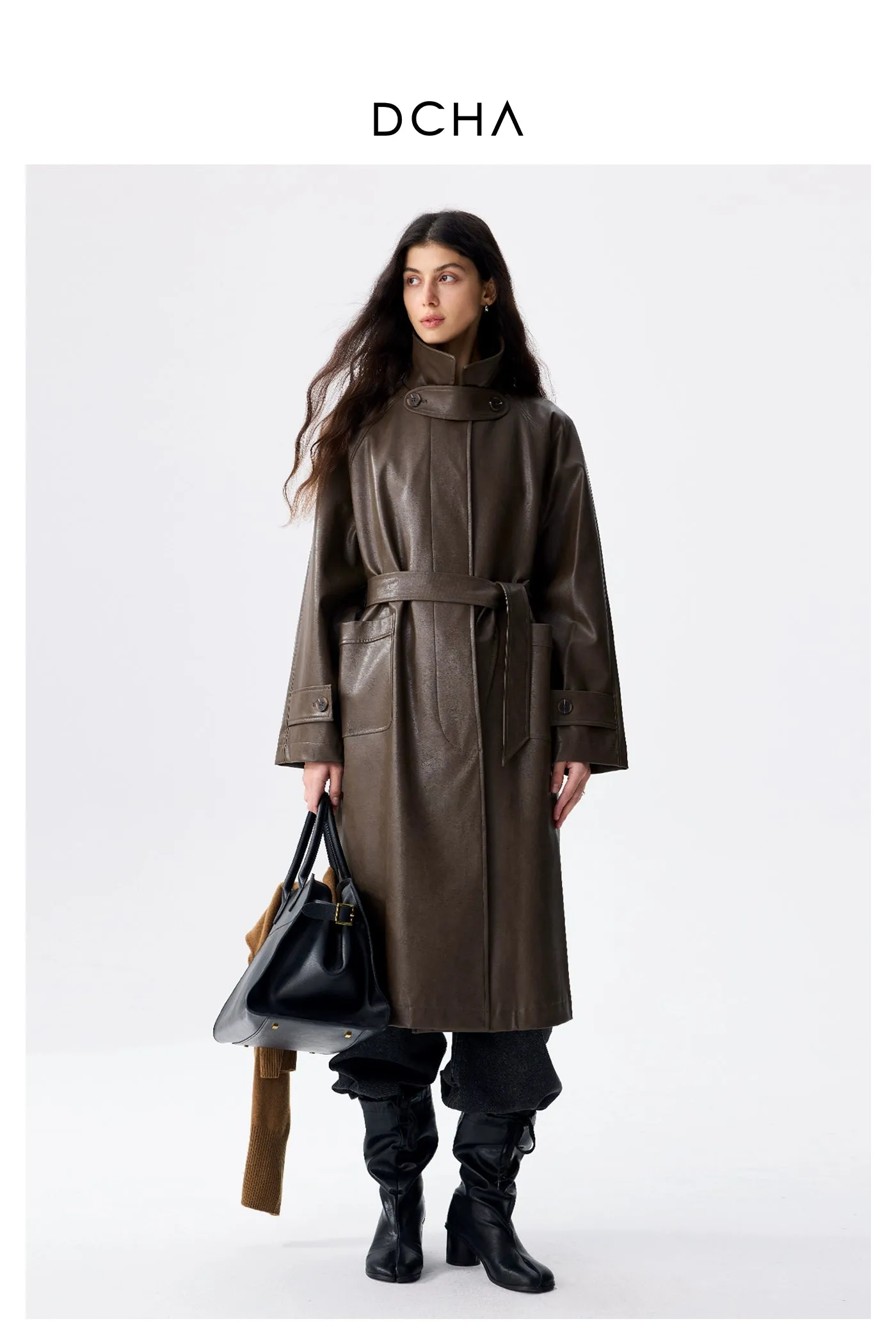 Dark Brown Faux Leather Trench Coat