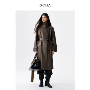 Dark Brown Faux Leather Trench Coat