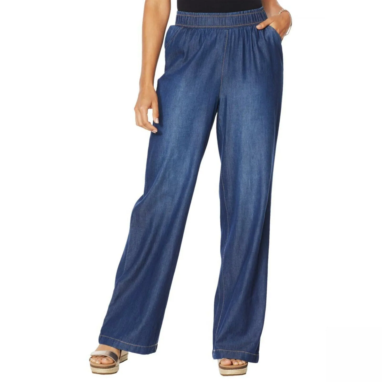 DG2 by Diane Gilman Women's SoftCell Chambray Wide Leg Pants Indigo Small Tall