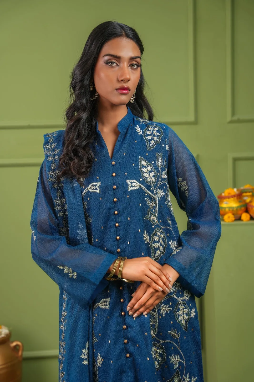 Elegance Personified: Agean Blue Open Gown Cape 3-Piece Stitched