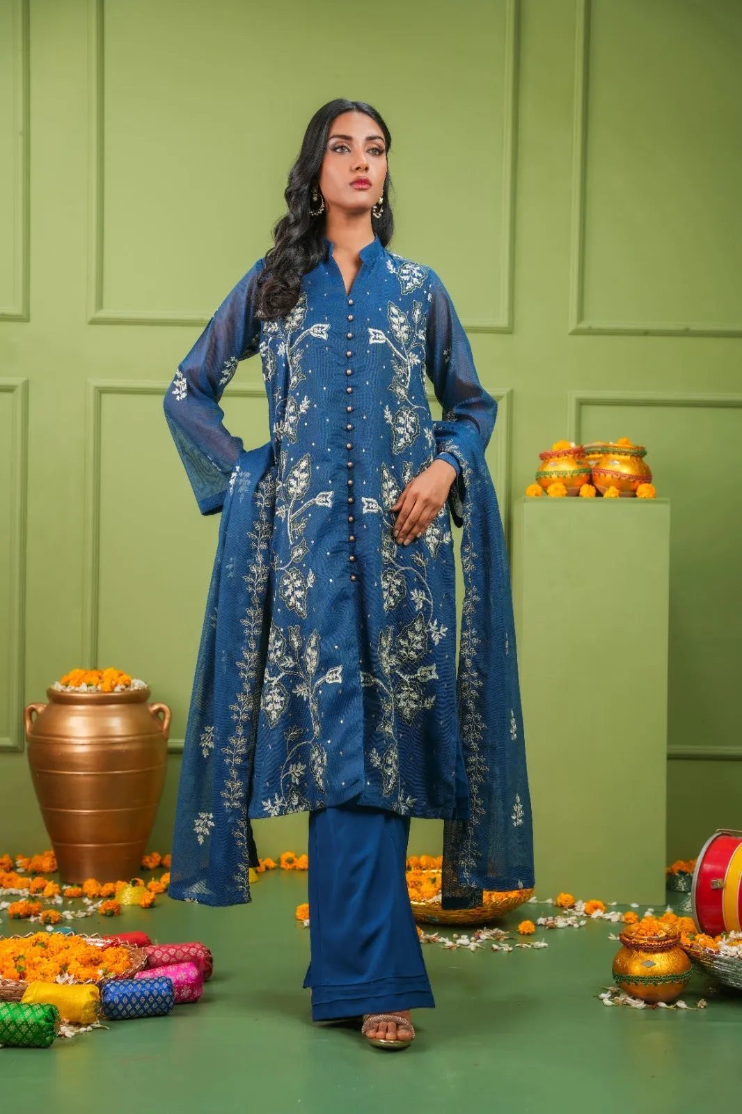 Elegance Personified: Agean Blue Open Gown Cape 3-Piece Stitched