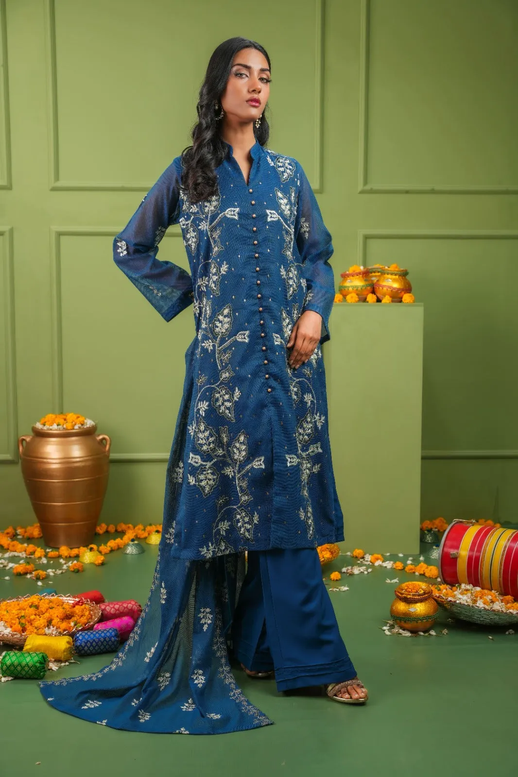 Elegance Personified: Agean Blue Open Gown Cape 3-Piece Stitched