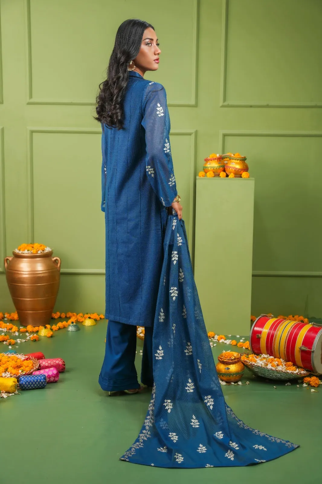 Elegance Personified: Agean Blue Open Gown Cape 3-Piece Stitched