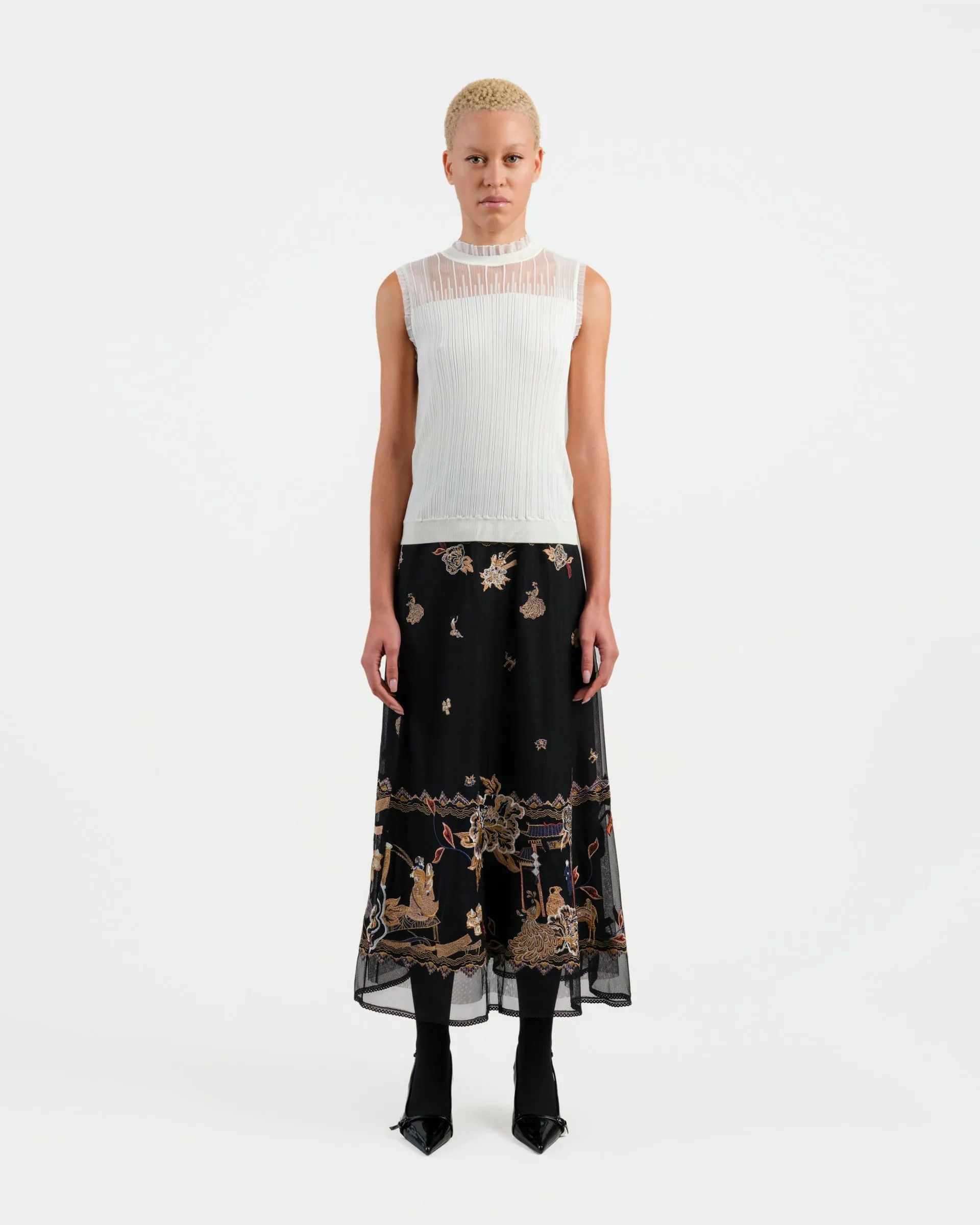 Embroidered Black Mesh Skirt