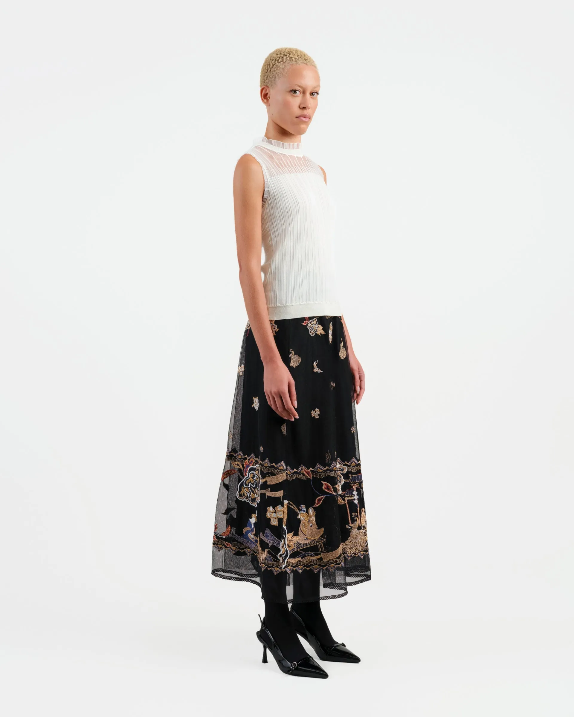 Embroidered Black Mesh Skirt