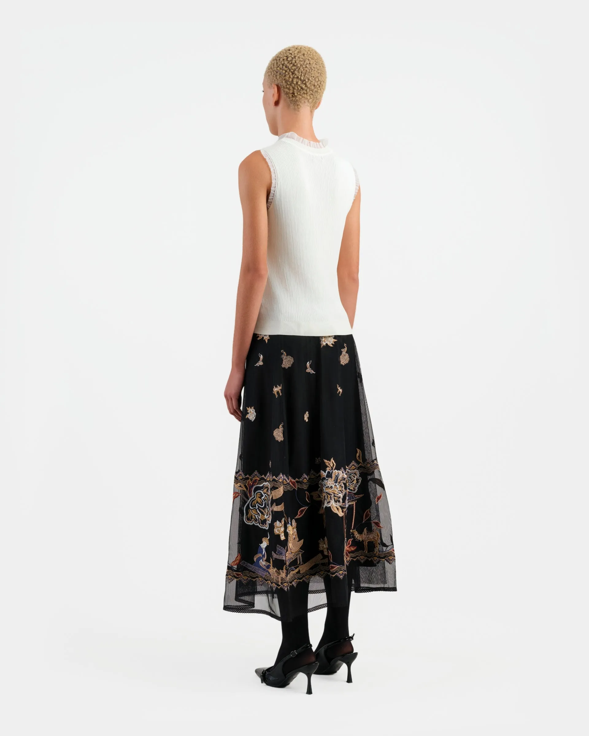 Embroidered Black Mesh Skirt