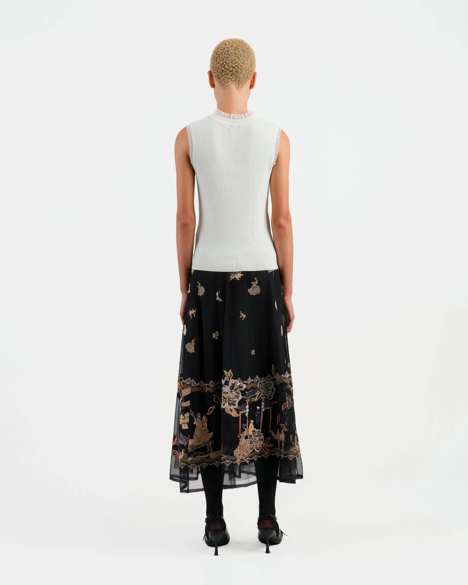 Embroidered Black Mesh Skirt