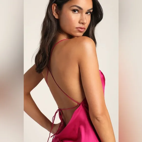 Enchant the Night Magenta Satin Cowl Back Midi Dress