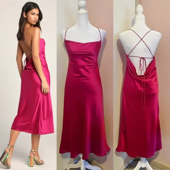 Enchant the Night Magenta Satin Cowl Back Midi Dress