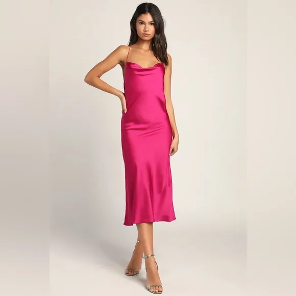 Enchant the Night Magenta Satin Cowl Back Midi Dress